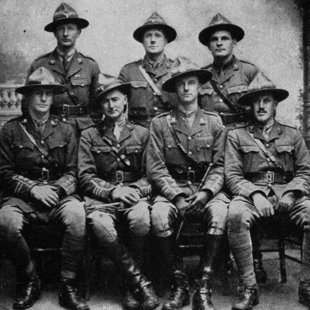 Officers of the Otago Mounted Rifles in France. Back row (from left): Lieutenants E. R. Wells, M. C., A. S. Herbert, J. E. Biggar. Front row: Captain G. G. Denniston, Major G. R. Mitchell, Captain R. F. Mitchell, Lieutenant E. A. Scott. - Otago Witness, 6