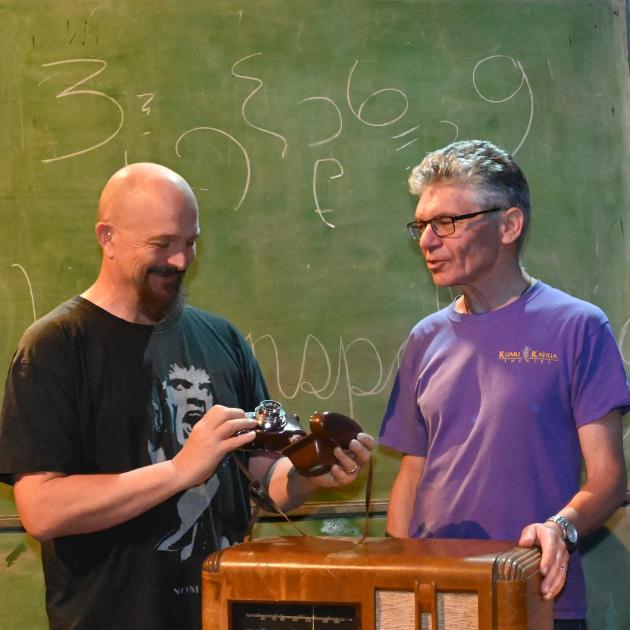 Designer Martyn Roberts (left) and co-director David O’Donnell prepare to stage Fission. Photos: Linda Robertson