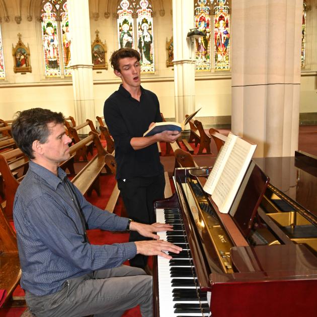 Baritone Scott Bezett rehearses for his role as Jesus in  Johann Sebastian Bach’s St Matthew Passion with City Choir Dunedin’s music director David Burchell at St Joseph’s Cathedral. Photo: Linda Robertson