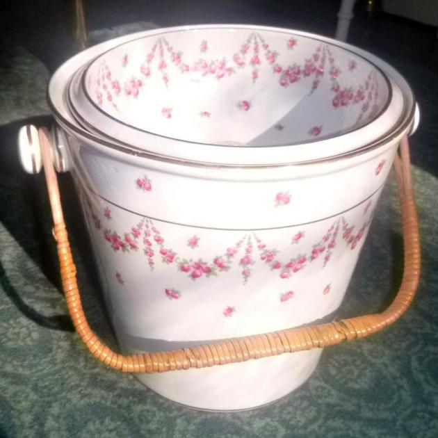 Victorian era bedroom water pail (slops bucket), decorated with rose-sprig swags. 