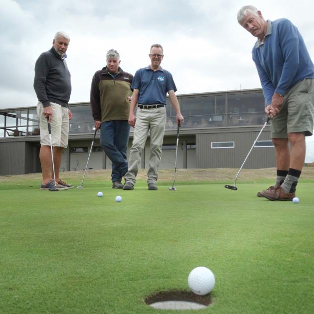 Getting in some practice at the North Otago Golf Club yesterday ahead of tomorrow’s North Otago Legends Pro-Am tournament are convener David McKenzie (left), club greenskeeper Gary Creedy, Rob Thomson of tournament sponsor Hi-Flo, and tournament committee
