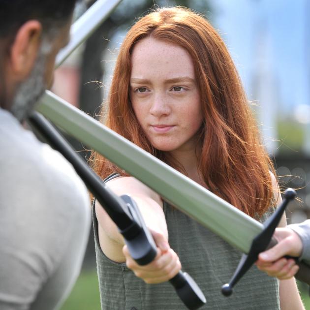 Otago Girls’ High School year 12 pupil Sophia Niblock (16) clashes her practice sword with that...