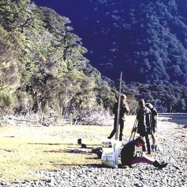 A Te Anau lakeshore survey at the Lugar Burn in 1971 to determine levels of the various...