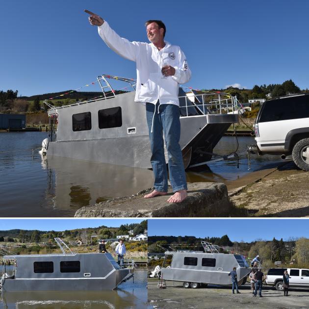 Adrian Rongen and his aquatic caravan take to the water at Lake Waihola on Saturday. PHOTO:...