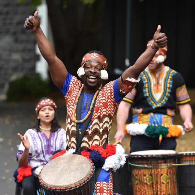 Koffie Fugah leads the Kadodo West African Drumming and Dance  New Zealand group at a gathering...