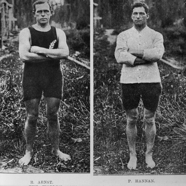 World sculling championship competitors R. Arnst (left) and J. P. Hannan. — Otago Witness, 14.6...