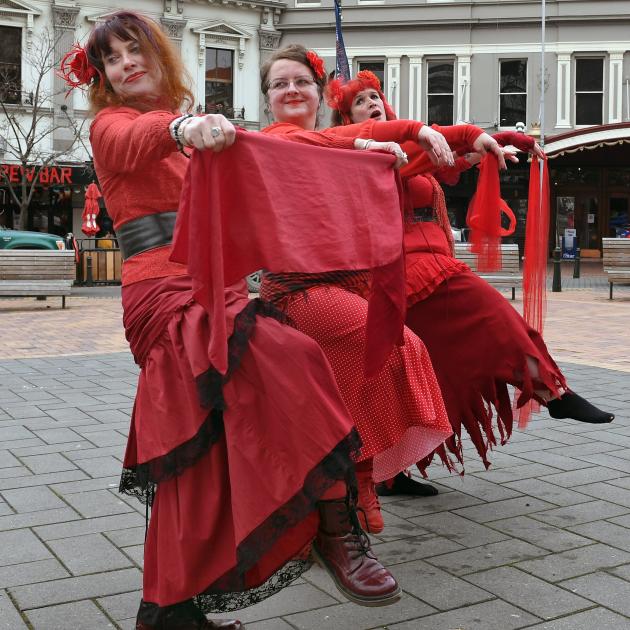 Preparing for the ‘‘Most Wuthering Heights Day Ever’’ event in the Octagon in Dunedin yesterday...