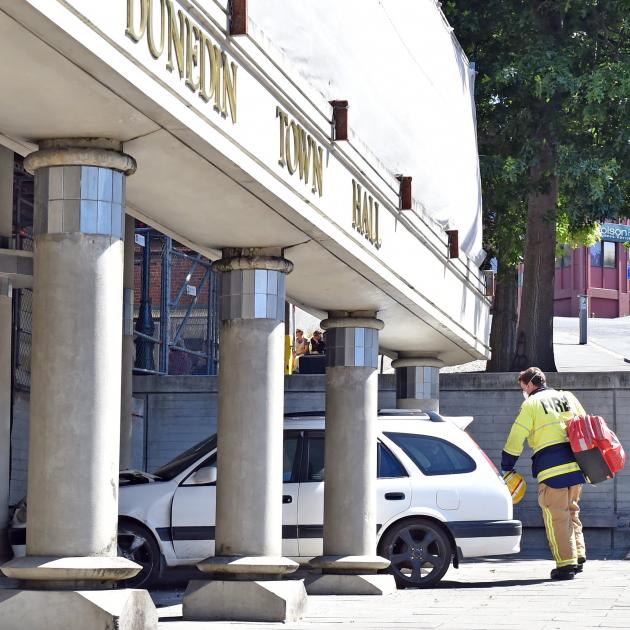 The car crashed into the Moray Pl entrance to the Town Hall after being driven from the scene of...