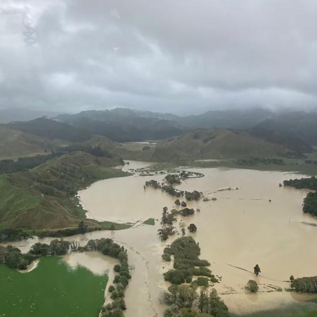 Flooding covers a wide area near Gisborne. PHOTO: EASTLAND HELICOPTER RESCUE TRUST.
