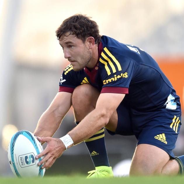 Highlander Mitch Hunt lines up a conversion against the Crusaders at Forsyth Barr Stadium last...