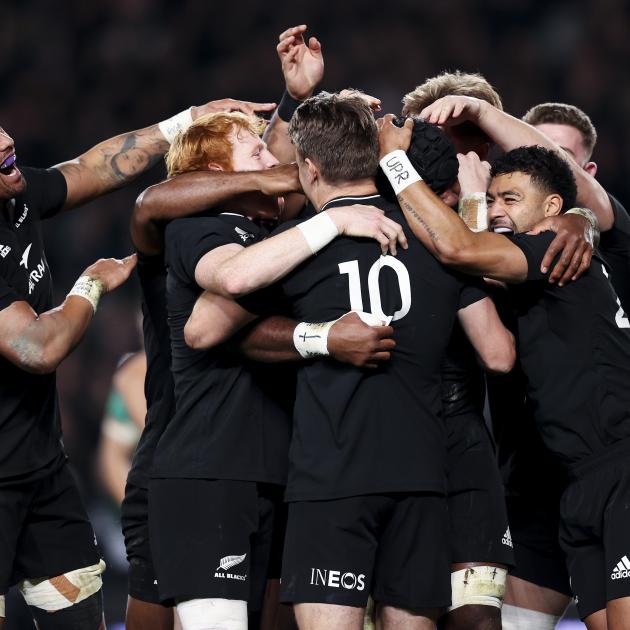 The All Blacks celebrate Pita Gus Sowakula's second half try during an impressive win over...