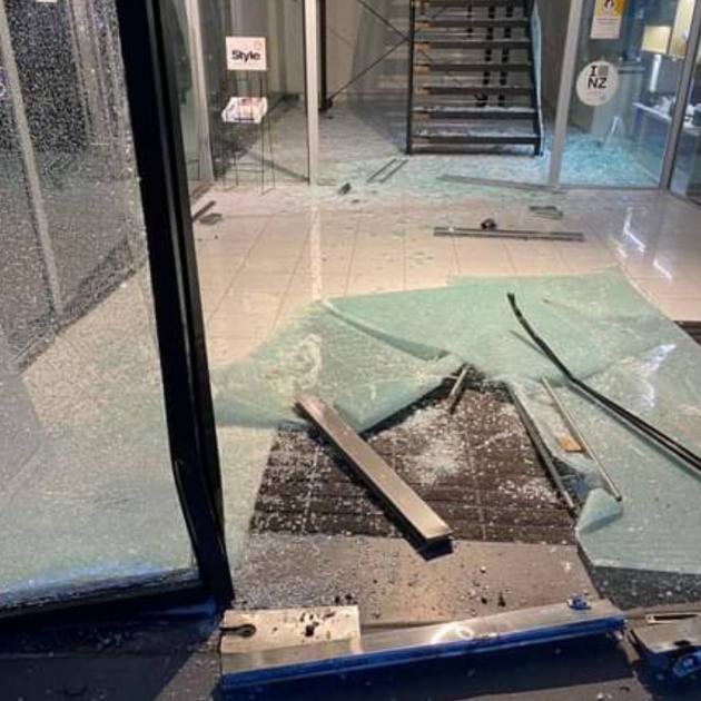 The glass doors at Merivale Mall were smashed in the ram-raid last week. Photo: Supplied