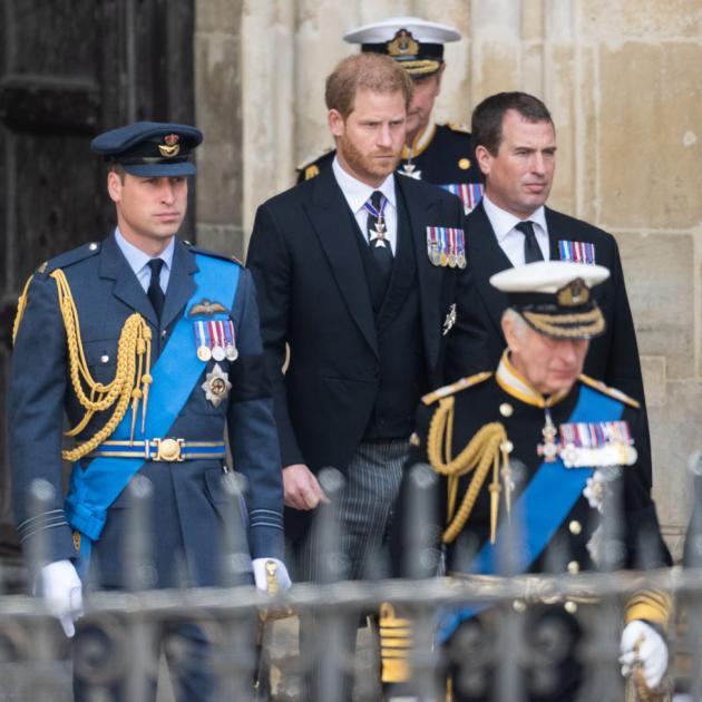 From left: Prince William, Prince Harry, Peter Phillips and King Charles III at the State Funeral...