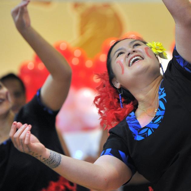 Quinette Tatupu (left) and Epi Sio perform to mark Samoa’s 60 years of independence. This image...