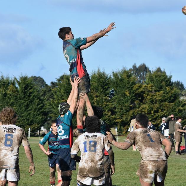 Selwyn lock Clark Pithie is lifted in a lineout. Photo: Graeme Tiltman