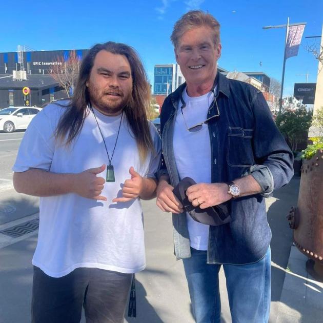 Christchurch resident Sheldon Taramai poses for a photo with David Hasselhoff.  Photo: Supplied...