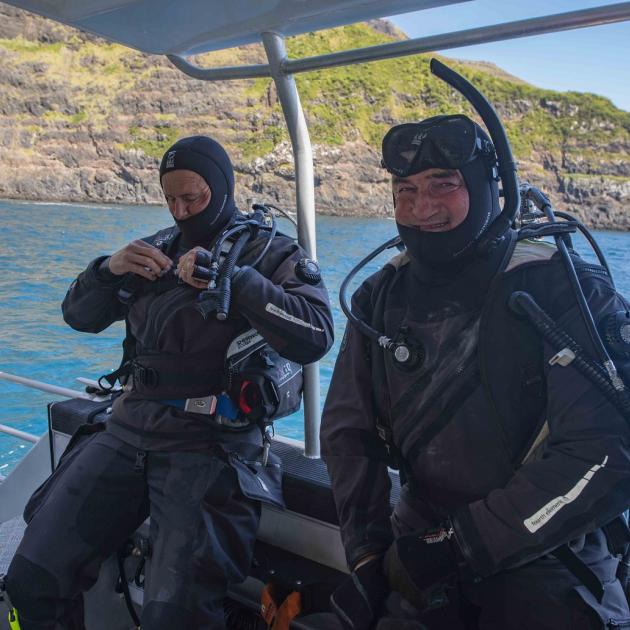 Wanaka divers Paul Sutherland (left) and Bill Day prepare to dive the "cavern of death" during...