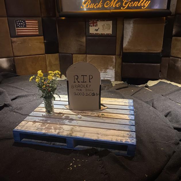 Cowboys has erected a temporary tombstone for its iconic mechanical bull. PHOTO: OLIVIA JUDD