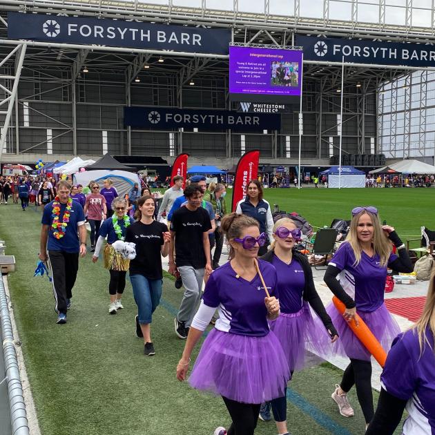 Dunedin Relay for Life teams had someone walking the track around the Forsyth Barr Stadium field...