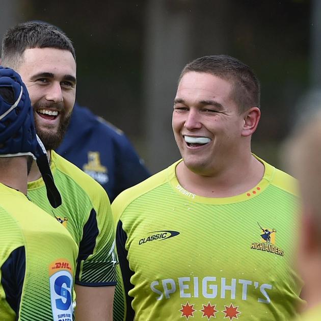 Ethan de Groot shares a laugh with Billy Harmon and Max Hicks during training this week ahead of...