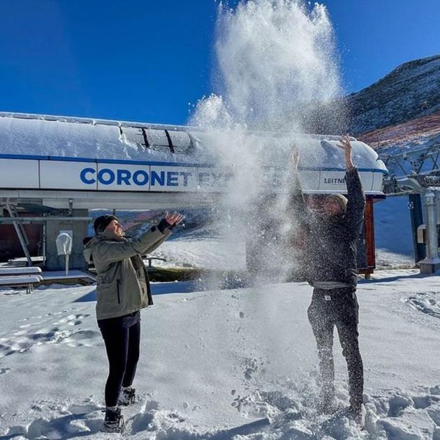 Marcella Collins and Graham Jenkins, of Queenstown, make the most of the fresh snow at Coronet...