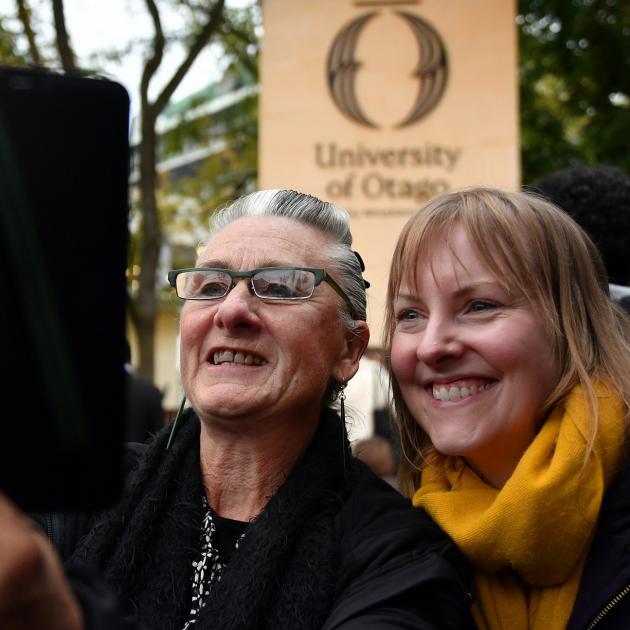 University of Otago staff members Tui Kent (left) and Lisa Kremer take a selfie after the...