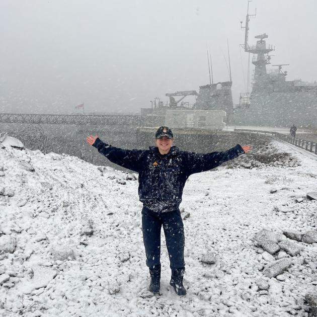 Sub-lieutenant Tayla Richards enjoys familiar Southland flurries in the Falklands Islands. PHOTO:...