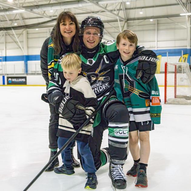 Dunedin Thunder veteran Mat Enright celebrates reaching 150 games with wife Jazz and sons Henry ...
