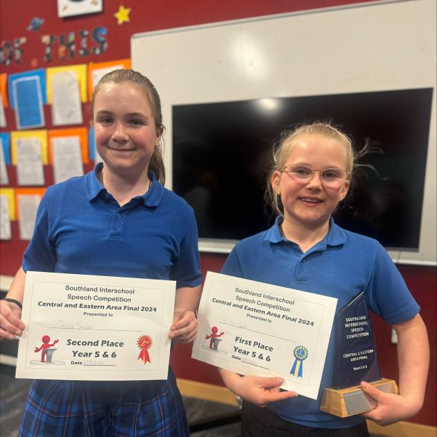Gore Main School speech champions Gracie Sinclair (left) and Ruby Grant are ready for the grand...