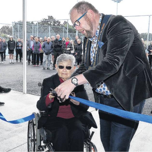 Waimakariri Mayor Dan Gordon and Life member and patron of the Coldstream Tennis Club, Elizabeth...