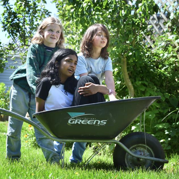 Broad Bay School pupils (from left) Vera, 8, Nazahah, 11, and Rosa, 9, sit in a wheelbarrow, one...