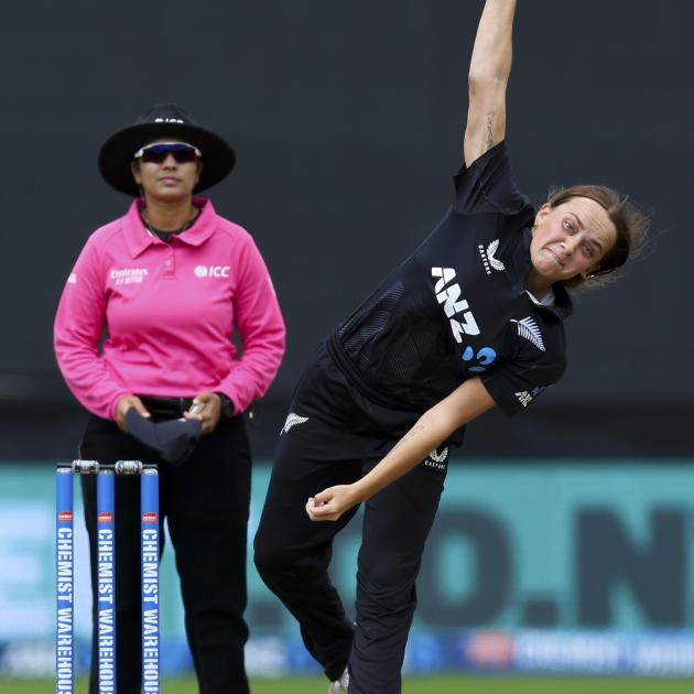 Eden Carson sends down a delivery during a women's ODI match between New Zealand and Australia at...