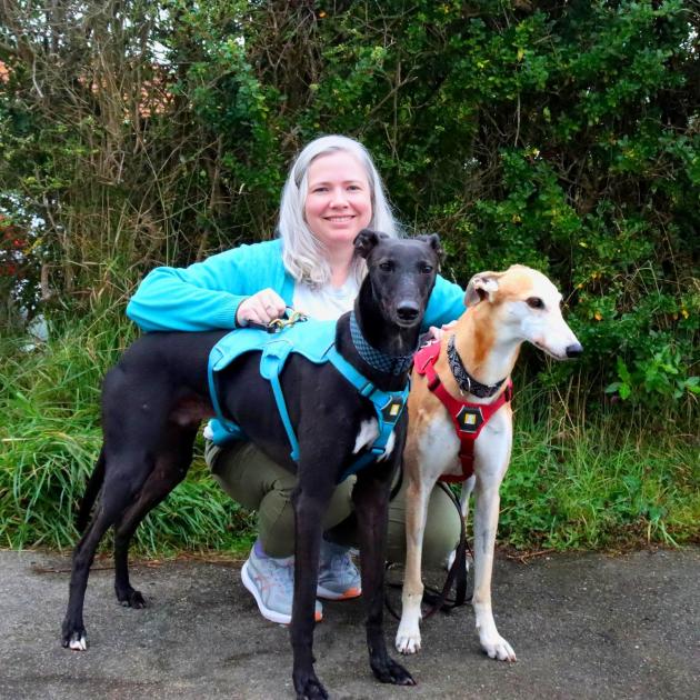 Stephanie Godfrey has adopted former racing greyhounds Doug (left) and Tracy. She says they are a...