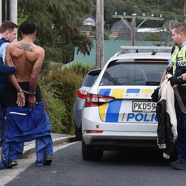 A gardener being handcuffed after he was spotted carrying a machete in Opoho yesterday. Photo:...