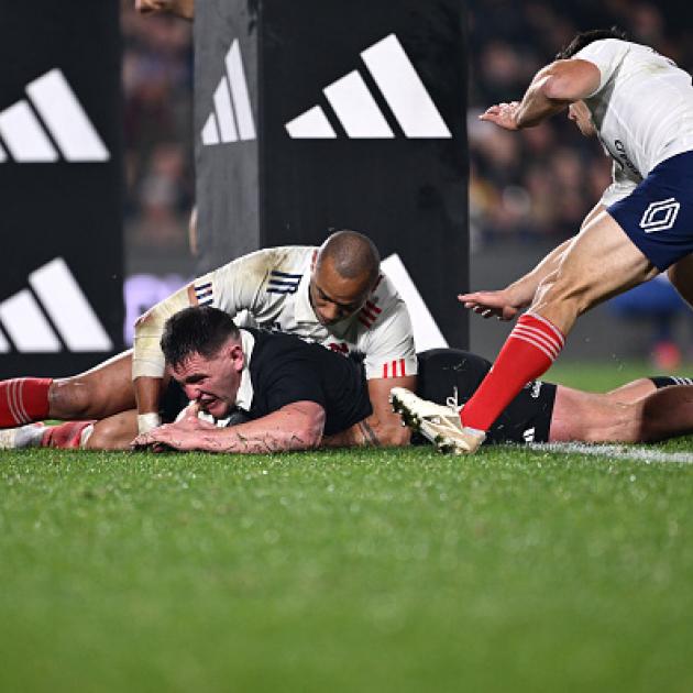 All Black debutant Brodie McAlister scores the decisive try against the French in Hamilton. Photo...