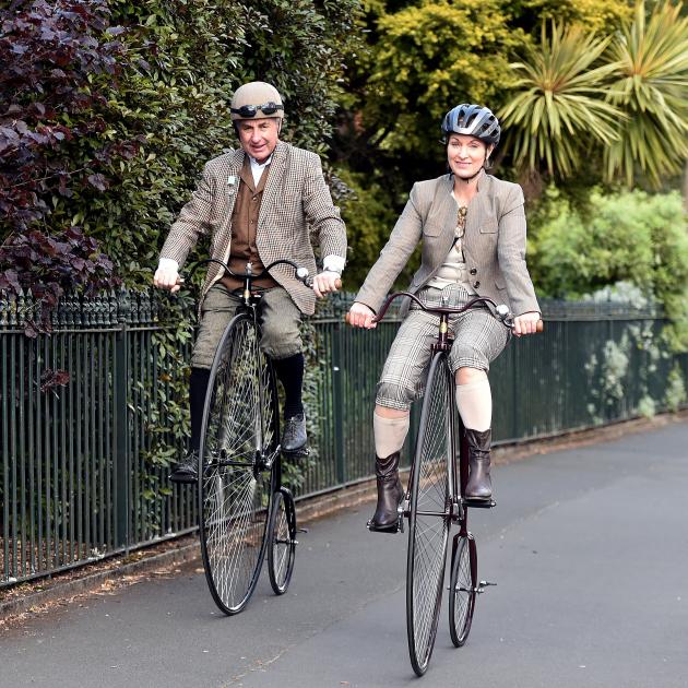 Mel and Melanie Tudor try out their purpose-built penny-farthings for the Dunedin Tweed Run...