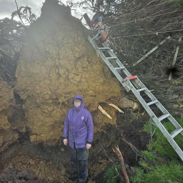 Jessica Black prepares to wind up an electric fence that has been lifted high off the ground by...
