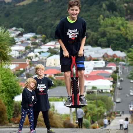 Harry Willis (11) trains for his marathon climb up the world’s steepest street on a pogo stick,...