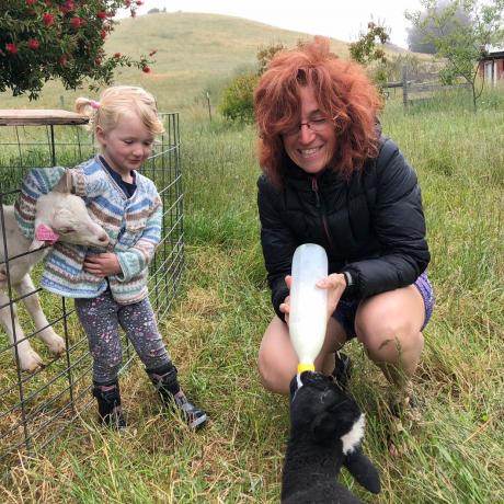 Dr Gwen Grelet feeds a lamb on a ranch managed regeneraticely for grass-fed sheep and beef in...