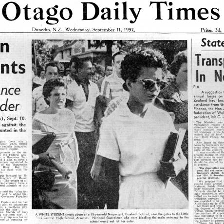 The Otago Daily Times front page shows Elizabeth Eckford, age 15, pursued by a mob, with Hazel...
