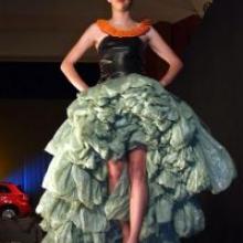 Ashleigh Calder models Ezra Bellamore's entry "Southerly Charm", made from silage wrap, baling twine, gumboots and cow tags. Photos by Helena de Reus. Ashleigh Calder models Ezra Bellamore's entry "Southerly Charm", made from silage wrap, baling twine, gumboots and cow tags. Photos by Helena de Reus.