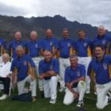 The Lincoln Wahine cricket team; (backrow, left to right) John Ryan, Doug Crombie, John Blatchford, John Wauchop, Brian Pachett, Andrew Welch, Kerry Armstrong (captain) and Keith Thompson, and (front row left to right) 87-year-old umpire Charles Hooke, Pe
