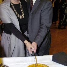 Author Alexa Johnston and Dunedin Mayor Peter Chin cut the birthday veal and ham pie to celebrate the birth of Frances Hodgkins and officially open the Frances Hodgkins: Femme du Monde Exhibition at the Dunedin Public Art Gallery. Photo by Jane Dawber. Author Alexa Johnston and Dunedin Mayor Peter Chin cut the birthday veal and ham pie to celebrate the birth of Frances Hodgkins and officially open the Frances Hodgkins: Femme du Monde Exhibition at the Dunedin Public Art Gallery. Photo by Jane Dawber.