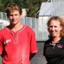 Up-and-comer Ben Watts with softball veteran Kath McGilbert. Up-and-comer Ben Watts with softball veteran Kath McGilbert.
