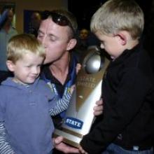 Otago Volts captain Craig Cumming greets sons Jacob and Zac at Dunedin Airport on Monday. Photo by Craig Baxter. Otago Volts captain Craig Cumming greets sons Jacob and Zac at Dunedin Airport on Monday. Photo by Craig Baxter.