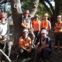 From left, arborists Olivia Colson and Ben Stenner with Otago Polytechnic students Sam Bradley, James Francis and Alf Lynch; in front foreman Luke  Sergent and Asplundh contracts manager Rob Slater. 
