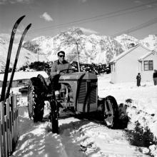 Sir Edmund Hillary trains on a Ferguson tractor in Tekapo before he left for the Antarctic in...