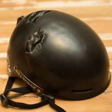 Austin Green’s helmet after the crash on The Remarkables earlier this week. Photo: supplied.
