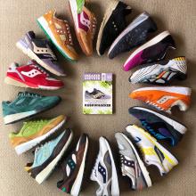 Some of his Saucony sneakers. The purple shoe in the circle and on the cover of  the magazine was...