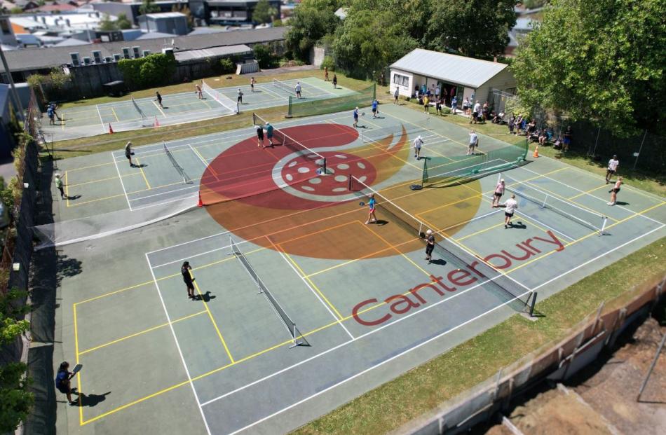 Canterbury Pickleball Club’s logo superimposed on their main training courts on Harewood Rd....